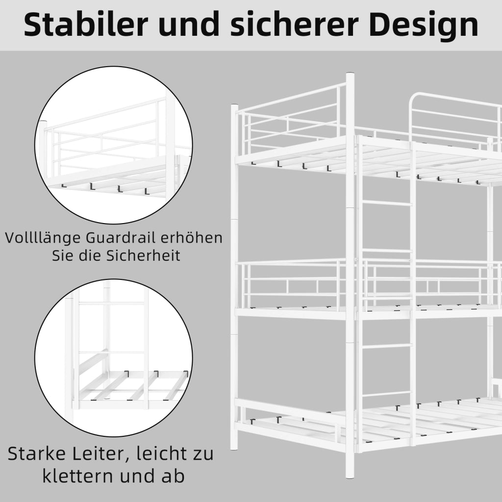 Letto a castello triplo con scala e parapetto continuo in ferro bianco 100x200 cm