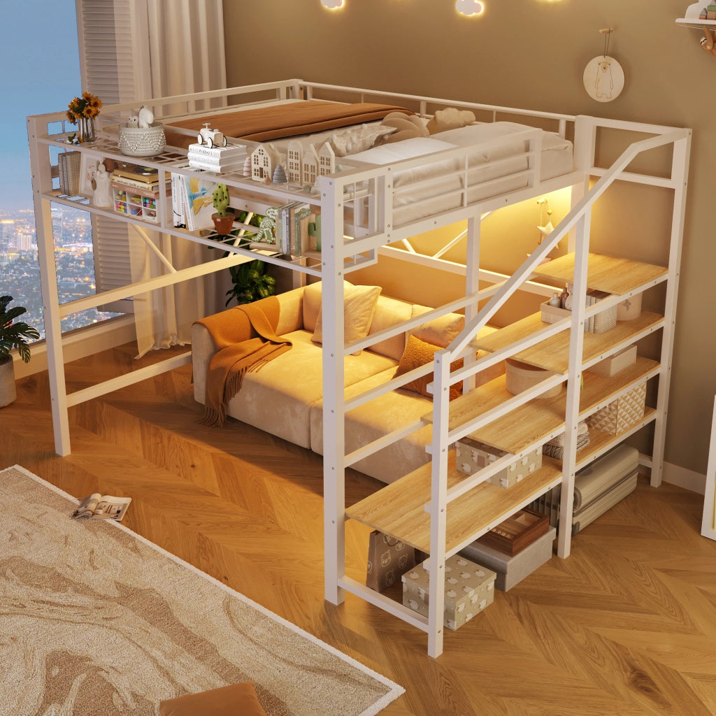 LETTO a soppalco 140x200 cm in metallo e MDF bianco con ripiani laterali