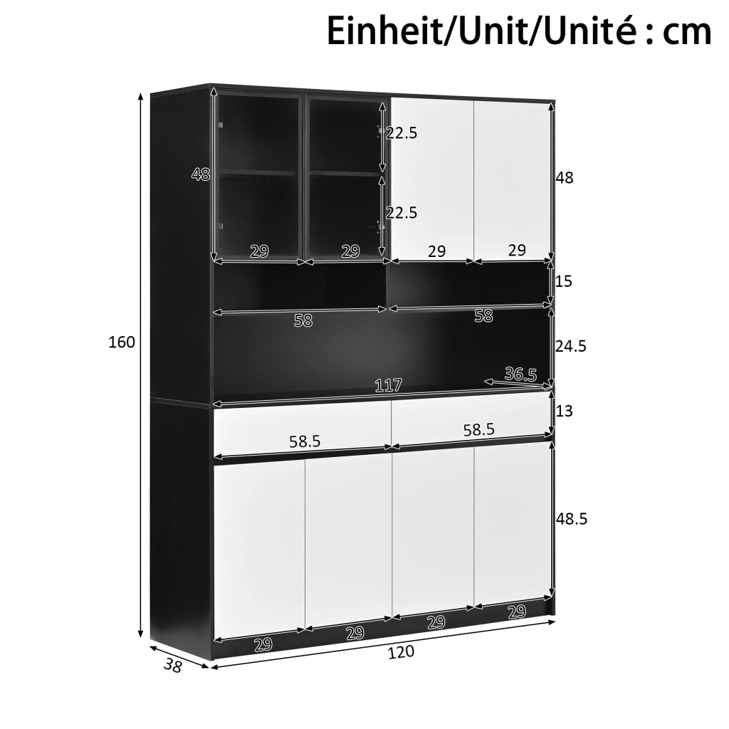 Credenza alta con LED e ante in vetro, 8 ante, 2 cassetti e vani aperti, per soggiorno, in MDF, 120 × 38 × 160 cm