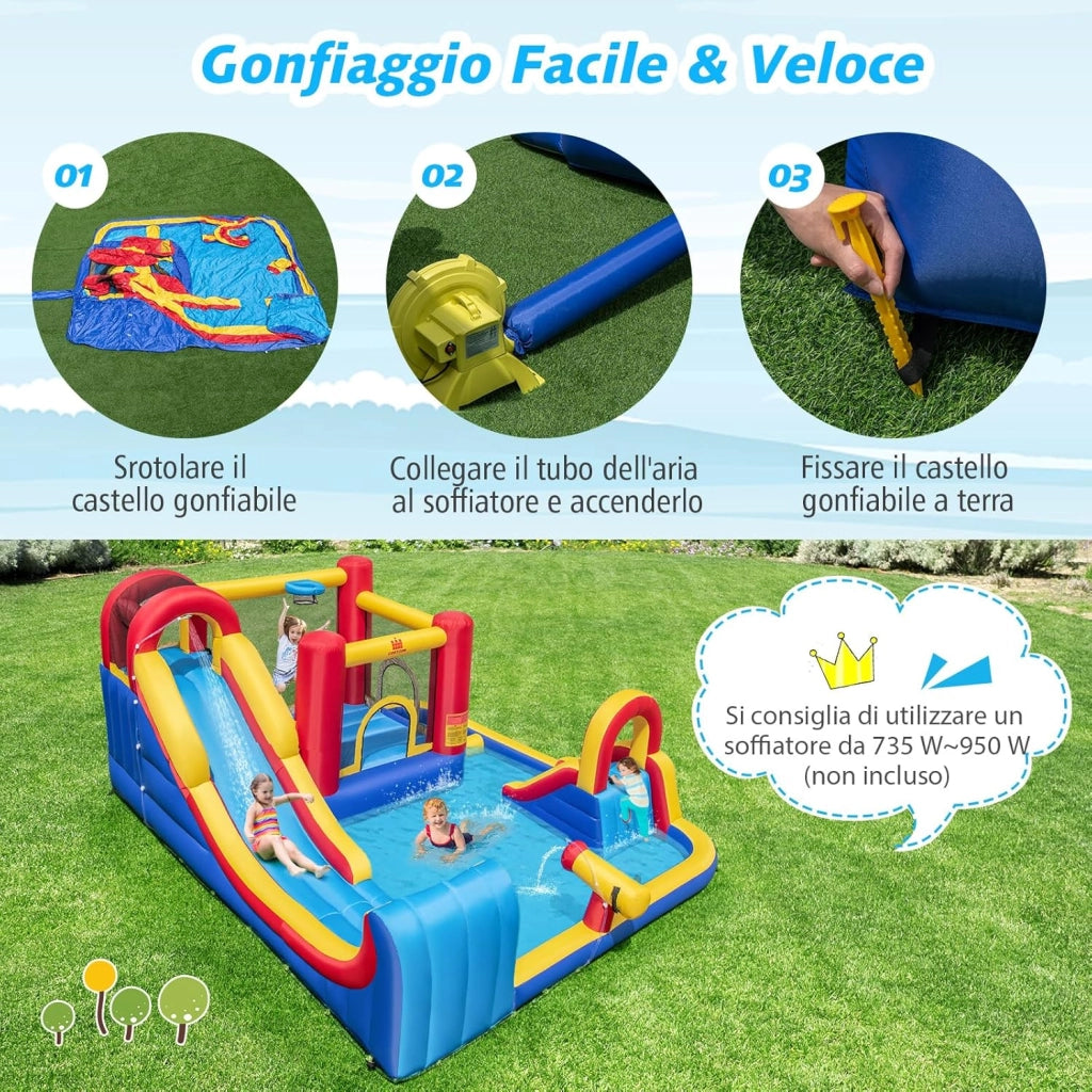 Castello Gonfiabile per Bambini, Parco Acquatico Gigante con Doppi Scivoli d'Acqua, 2 Piscine, Area Salto, Canestro e Parete da Arrampicata, 450 x 392 x 216 cm