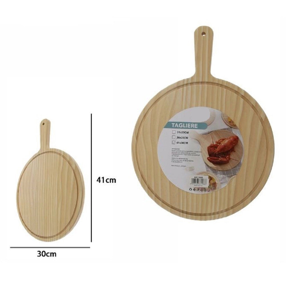 Trade Shop - Tagliere Legno Rotondo Affetta Pane Salumi Carne Pizza Con Manico 41x30cm 74198 -
