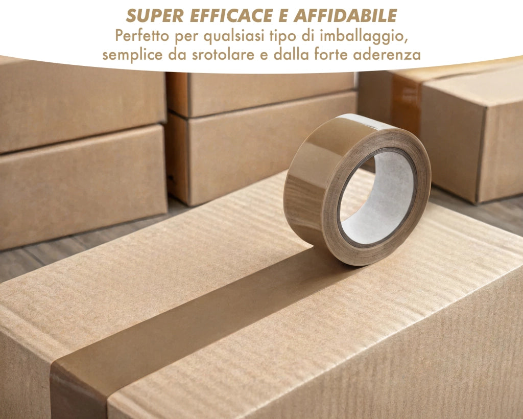 Nastro Adesivo Da Imballaggio Pacchi 50mm x 66 Metri Acrilico Resistente All'Acqua Silenzioso Sigilla Spedizioni Protezione Per Trasloco Prodotto Italiano Avana - 12 Rotoli