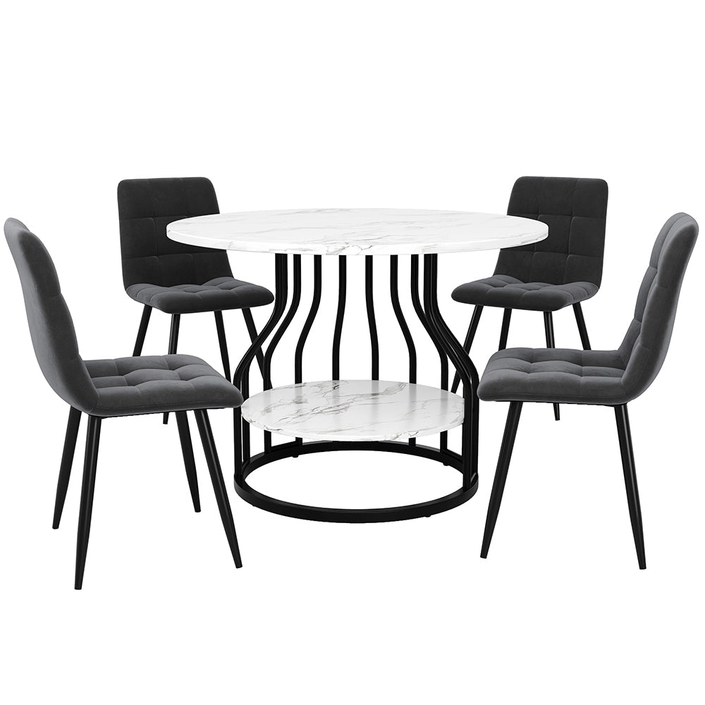 Set tavolo-Xylo-80cm rotondo 4 sedie grigio piedi neri piano marmorizzato