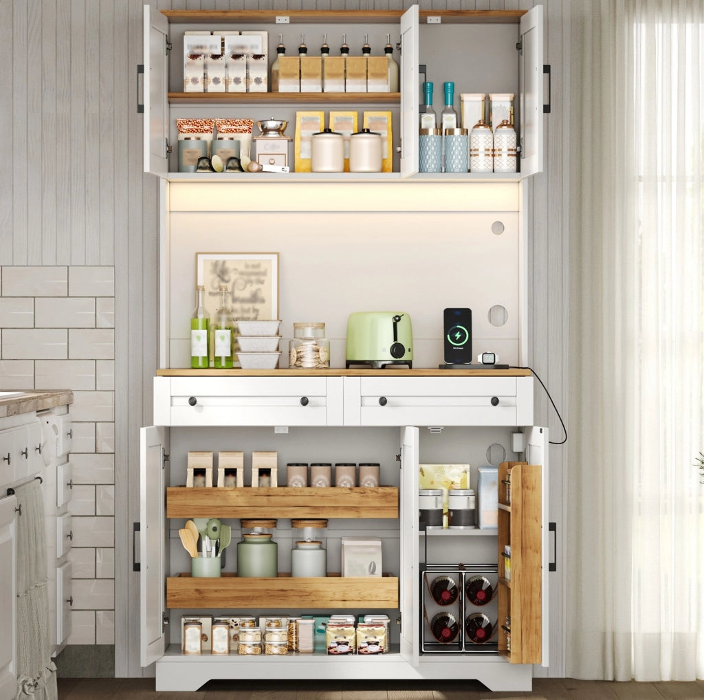 Credenza alta da cucina con LED RGB; prese e 2 cassetti; 100x40x180 cm; bianco naturale in MDF