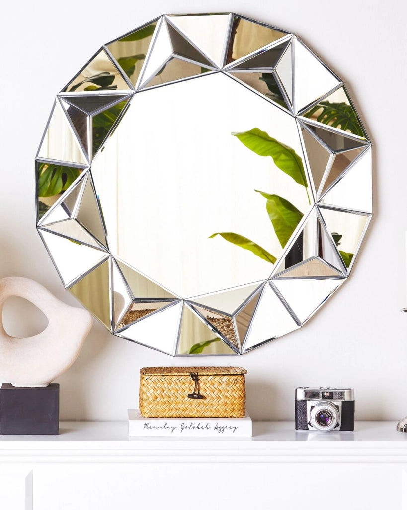 Specchio da Parete Argento Rotondo 70 cm Cornice Geometrica Finitura Lucida