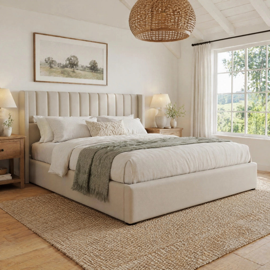 Letto matrimoniale con contenitore 140x200 cm in lino beige; testiera imbottita e rete sollevabile
