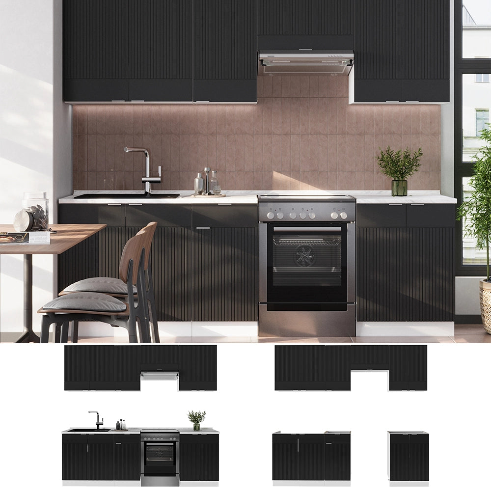 Cucina componibile Fame-Line Nero rigato/Bianco 240 cm senza piano di lavoro Vicco