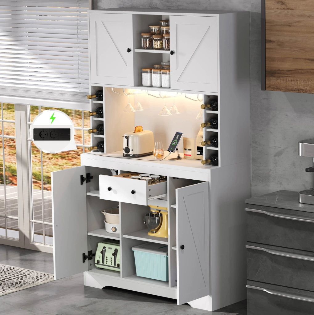 Credenza da cucina 105x40x180 cm con LED controllato da app; presa integrata e portabicchieri bianca