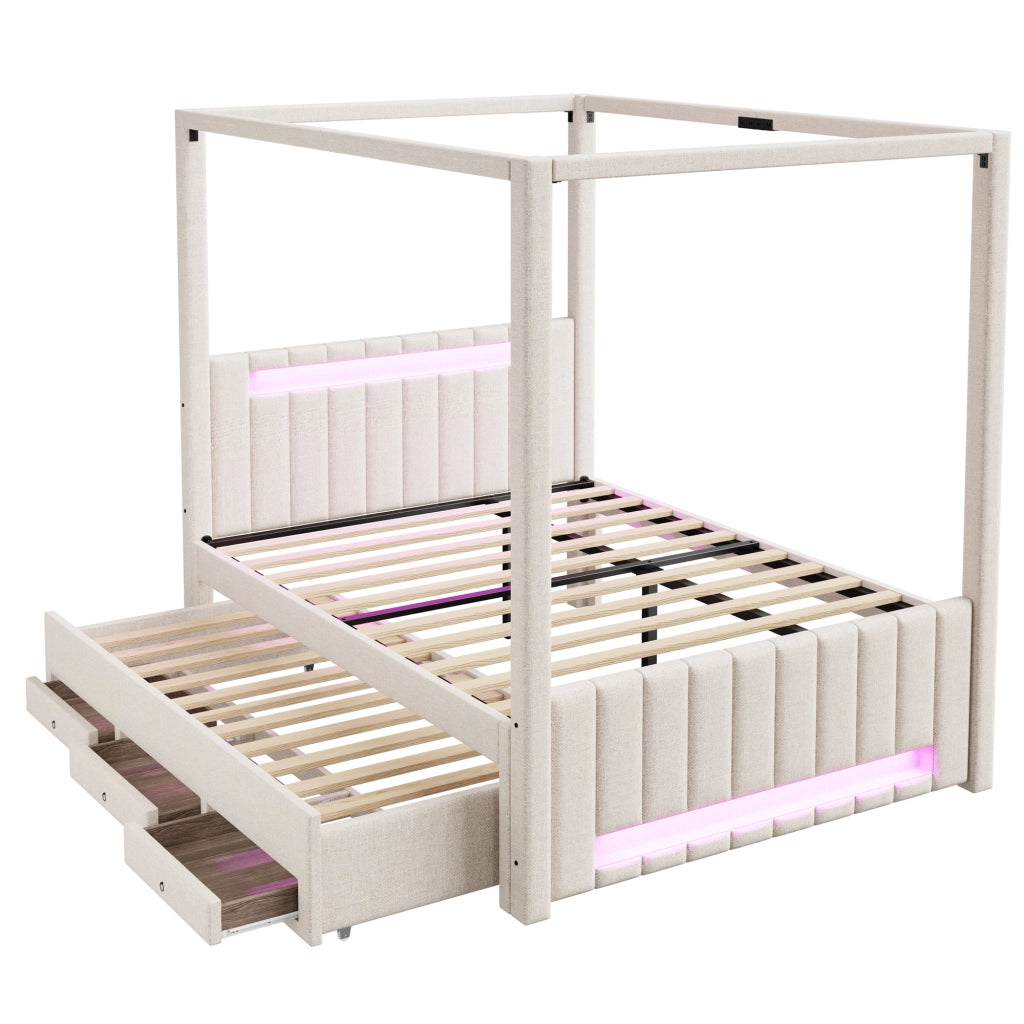 DESMIU Lit combinato 140 × 200 cm 2 posti con letto estraibile, 3 cassetti, LED, senza materasso, beige