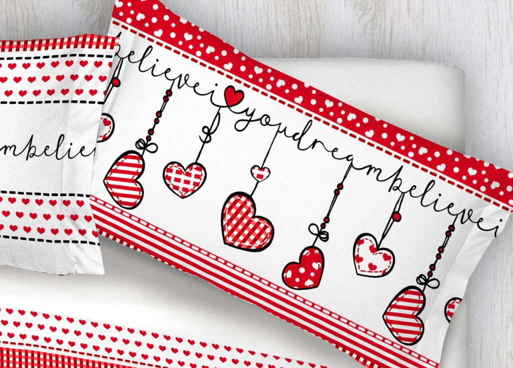 Completo Lenzuola In 100% Cotone Disegni Natalizi Invernali Renne Cuori OB - Piazza E Mezza - Dream Rosso