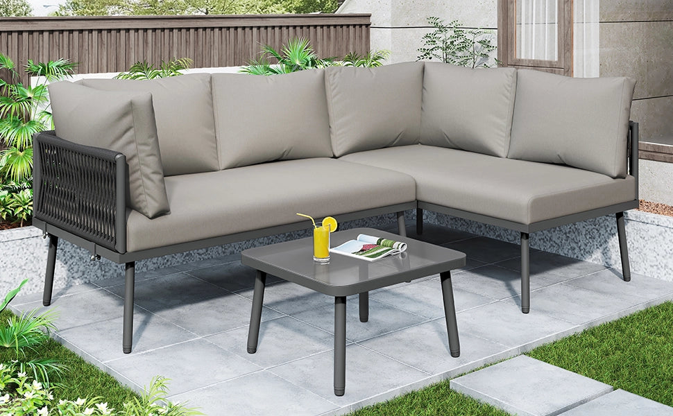 Set giardino lounge: metallo forma L; corda grigia intrecciata; cuscini seduta; piedini regolabili; 2 Divanooi + 1 tavolo