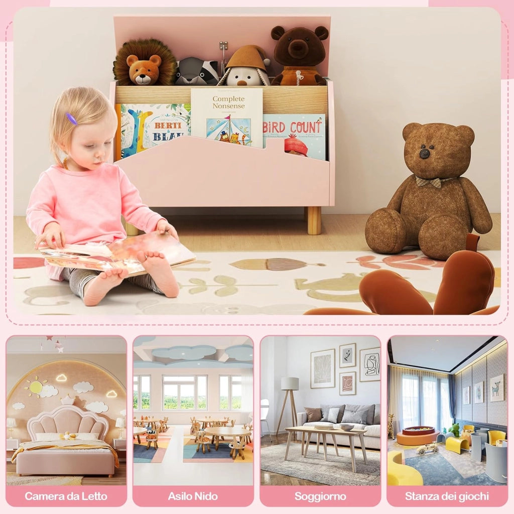 libreria Montessoriana 2-in-1 per Bambini in Legno, Scaffale Porta Libri e Giocattoli con Cassone, Coperchio Ammortizzato e Maniglie, Ideale per Cameretta e Nido, 60 x 30 x 44 cm (Rosa)