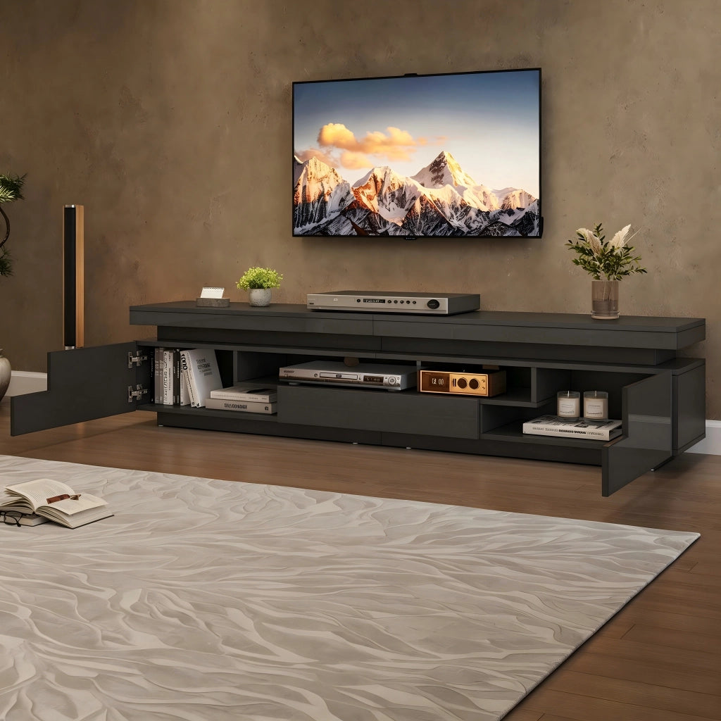 Mobile TV da soggiorno 175 x 38 x 45 cm con 2 vani a L, 1 cassetto e LED, nero lucido, per TV fino a 75 pollici