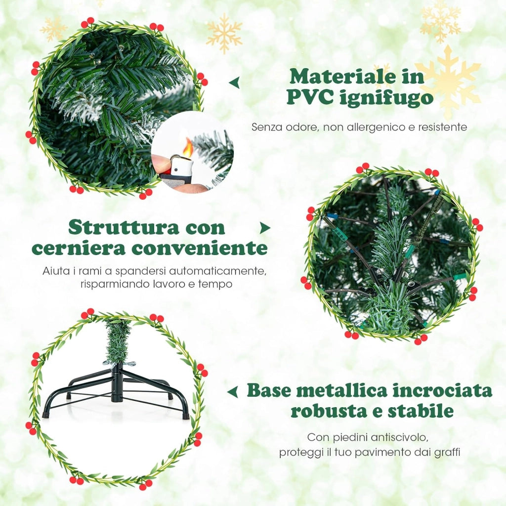 Albero di Natale Slim con Luci 150/180cm, Albero di Natale Innevato con 408/618/818/1298 Punte, 200/250/350/500 Luci LED Bianche Calde, Supporto in Metallo Pieghevole (180 cm)