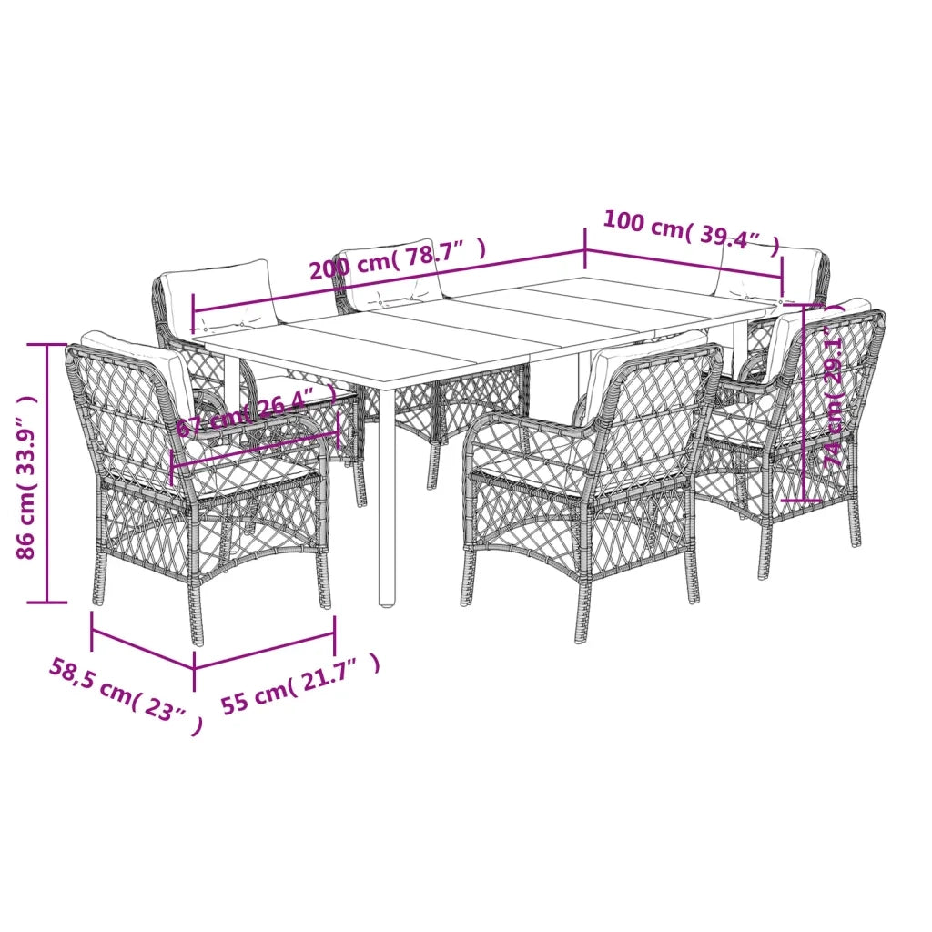 Set da Pranzo da Giardino 7 pz Cuscini Polyrattan Grigio Chiaro