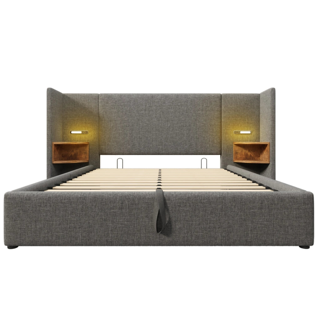 Letto matrimoniale contenitore 160x200 cm in lino grigio con testiera multifunzione; luce LED e USB