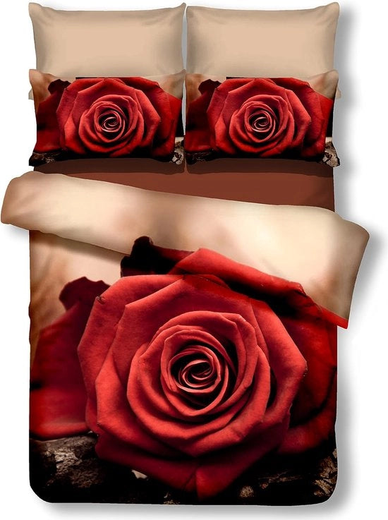 Set di lenzuola 200 x 220 cm con 2 copri lenzuolo 80 x 80 cm beige, copri lenzuolo 3D microfibra con disegno di fiori, cappuccino, rosso bordeaux, marrone, cioccolato.