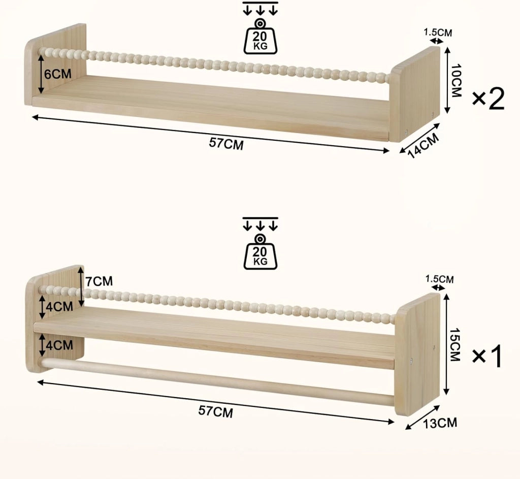 Librerie per Bambini da Parete in Legno Massello, 60 cm Set di 3 Porta Libri per Cameretta, Scaffale Libri per Bambini, Librerie da Parete Piccole con Perline
