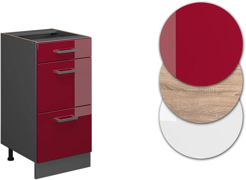 Mobiletto base per cucina R-Line, Rosso lucido, 40 cm con cassetti, senza piano di lavoro, per la libera combinazione all'interno di sistemi cucina modulari
