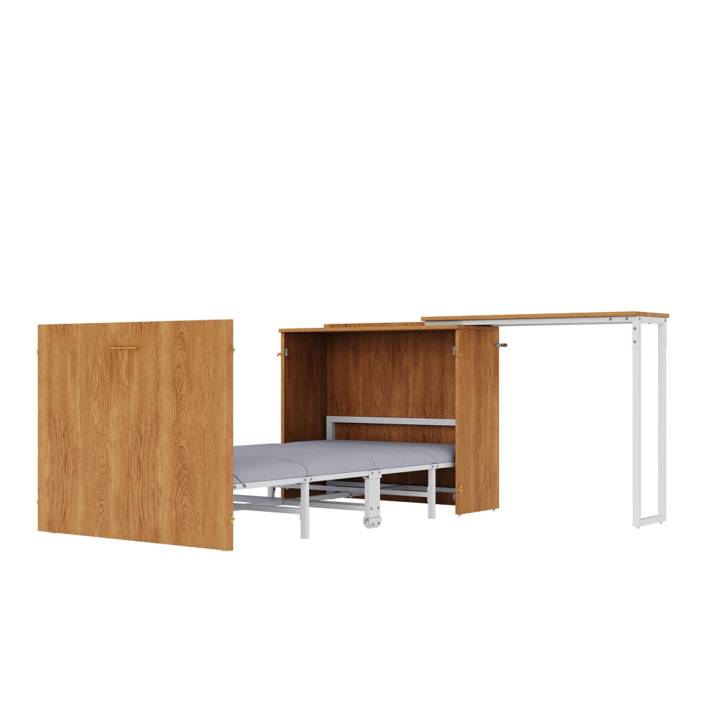 Letto a scomparsa con scrivania girevole e materasso 90x200 cm; naturale in metallo e legno