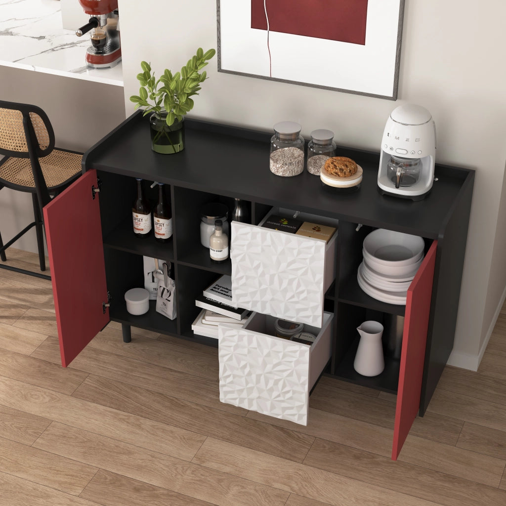 Credenza con 2 Cassetti e 2 Vani Aperti; Ante Rosse; Stile Moderno; in MDF; 120??40??80 cm; Nero