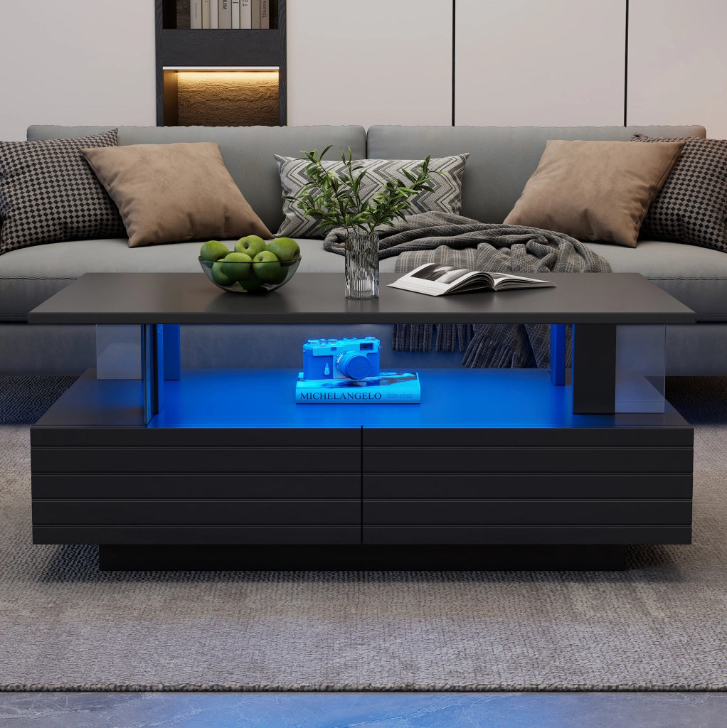 Tavolino da caffè LED nero in acrilico 100×50×42 cm con 2 cassetti