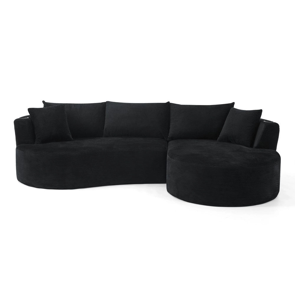 Divano Angolare 3 Posti con Chaise Longue, Velluto a Coste, Cuscini e Portabicchieri ¨C Xylo ¨C Nero