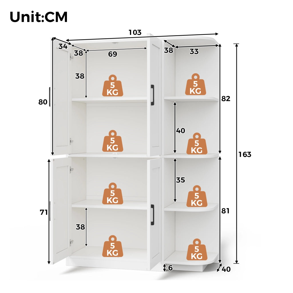 Armadio cucina alto con 4 ante e 4 vani aperti, ripiani regolabili, 103 × 40 × 163 cm, bianco