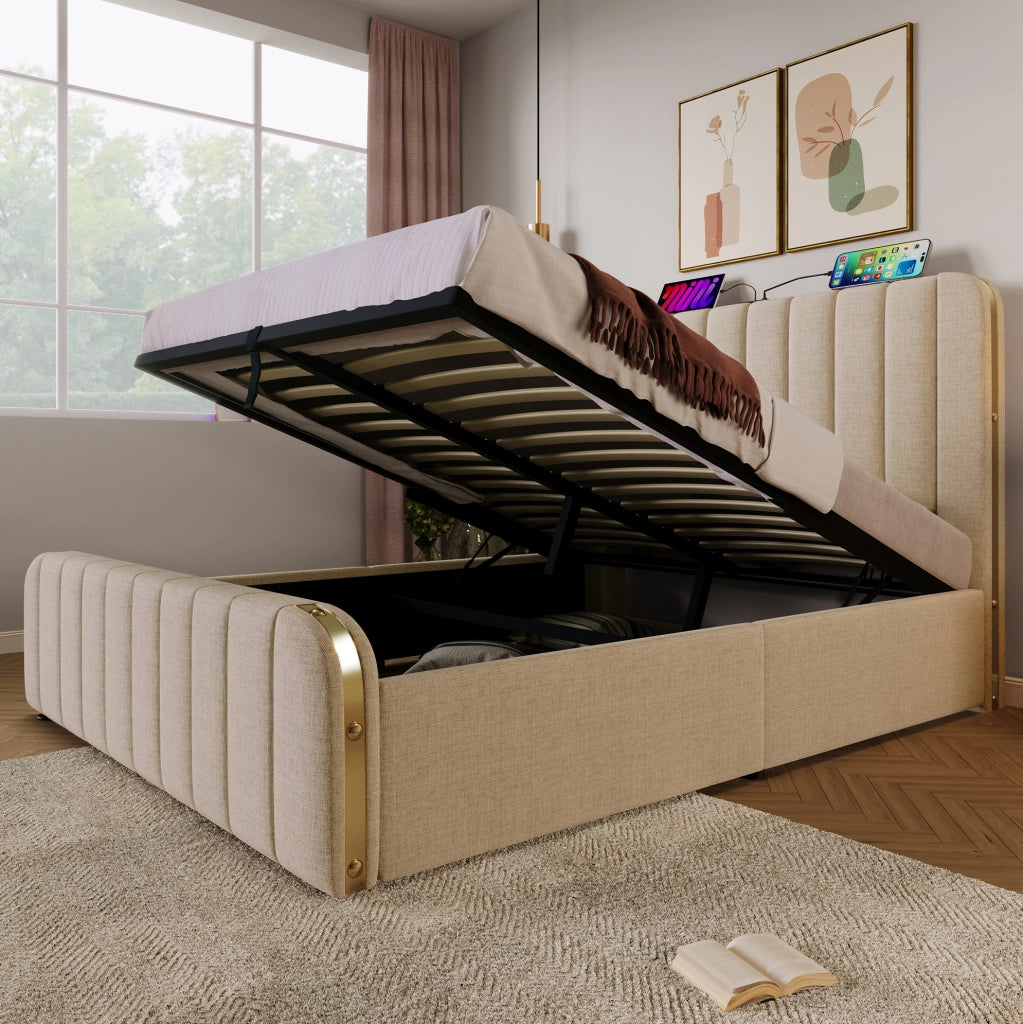 Letto imbottito 140x200 con testiera USB e contenitore idraulico