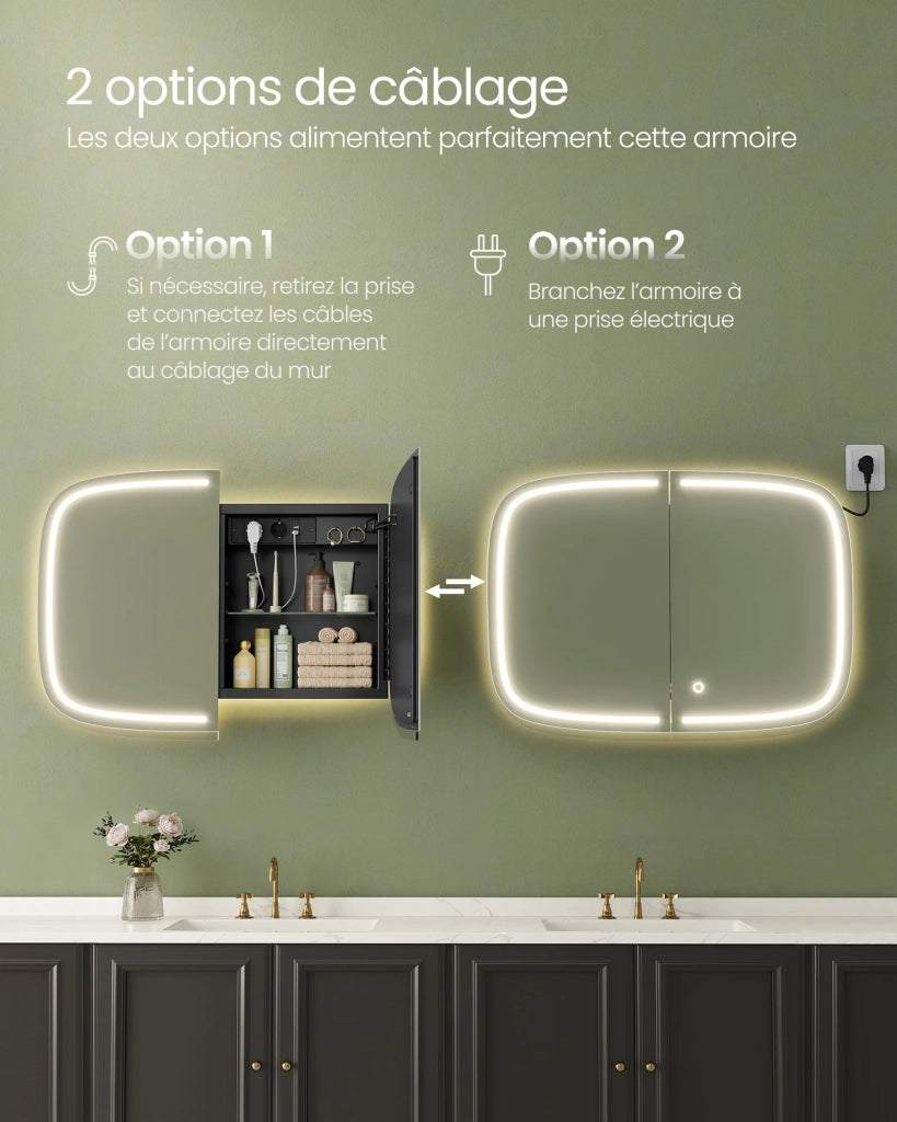 Specchio da bagno con illuminazione mobile lavabo con 2 prese CA 2 porte USB 2 ripiani regolabili angoli arrotondati 12_0006611