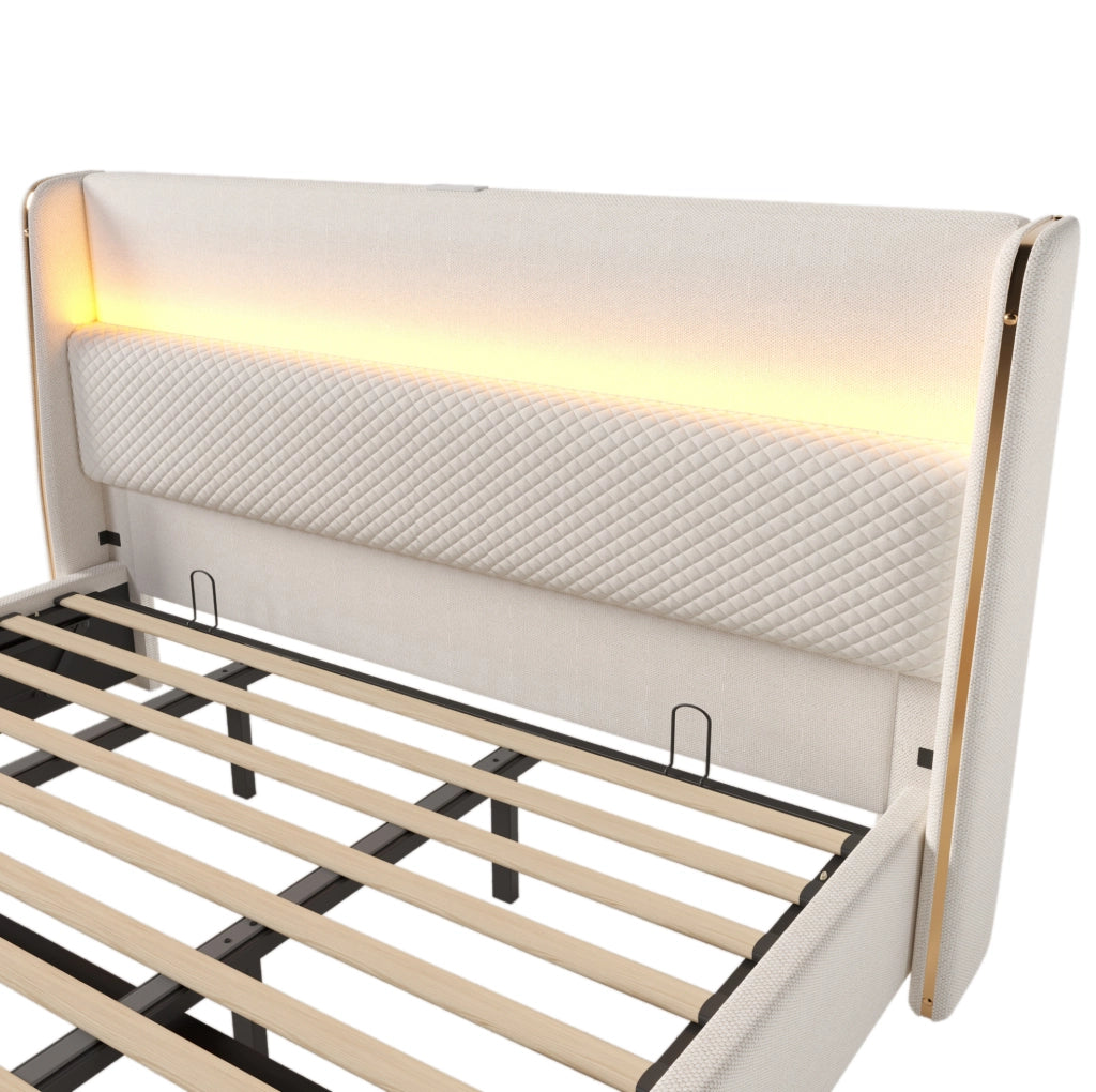 Letto matrimoniale 180x200 cm con LED, ricarica USB/Type-C e vano contenitore beige