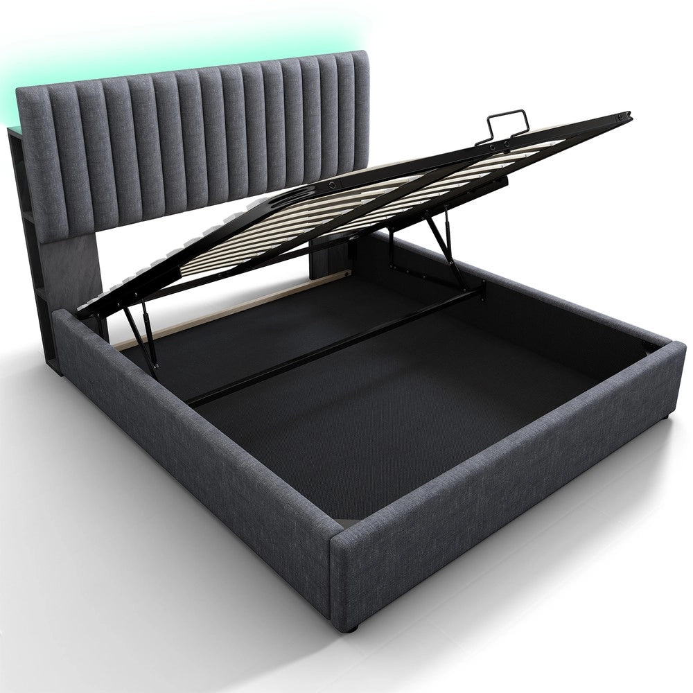 Letto Imbottito Contenitore Matrimoniale LED ¨C MINIMAL ¨C Testiera Regolabile, USB, Doghe Legno, 140x200, Grigio