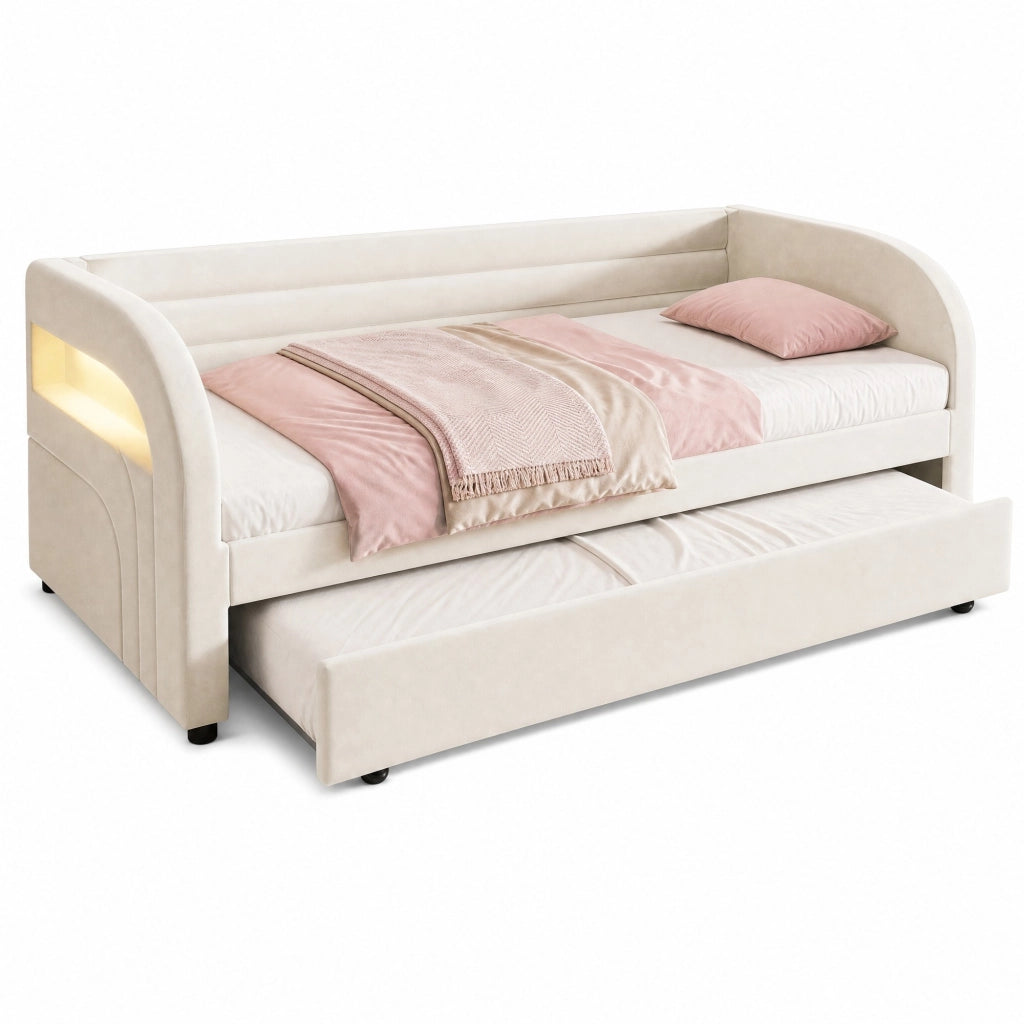 Letto imbottito 90x200 cm beige con letto estraibile e LED