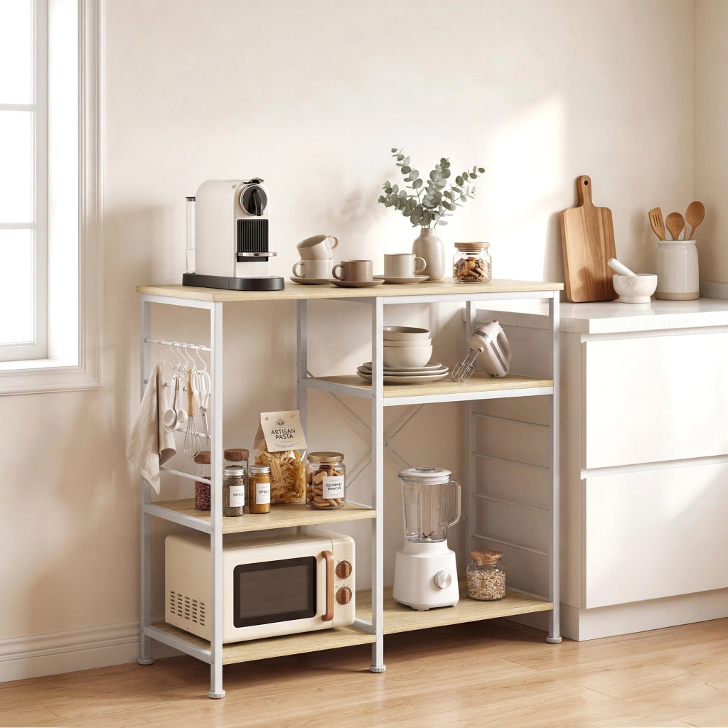 Scaffale Cucina con Ripiani in Legno e Metallo con 5 Ganci. Salvaspazio. 90x39x83.5 cm. Rovere