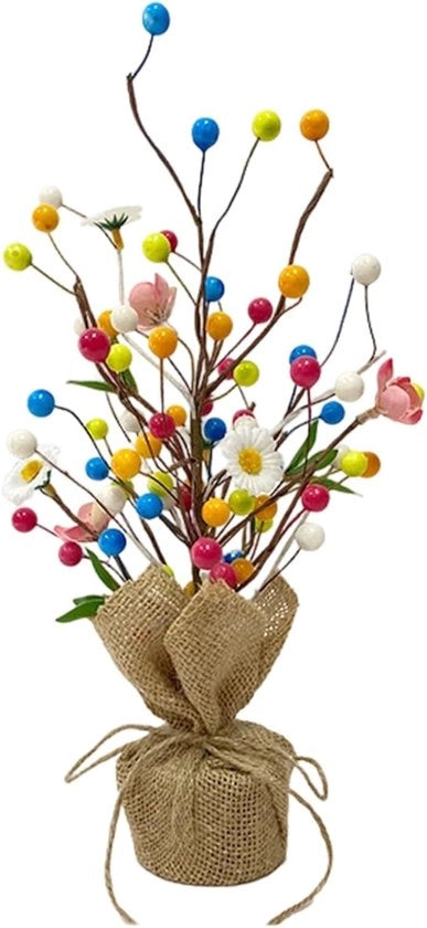 Decorazione da tavola per Pasqua – Uovo con fondo di lino, uovo di schiuma e mirtilli – Decorazione da tavola con verde – Ornamento bonsai per Pasqua