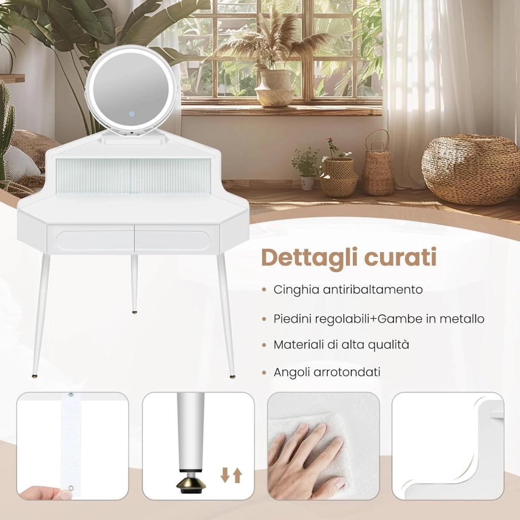 WOLTU Toeletta ad Angolo con Luce, Specchio Dimmerabile, Tavolo da Toilette, 2 Cassetti, 1 Ripiano con Divisorio in Vetro, Tavolino Salvaspazio, Gambe in Metallo, Bianco