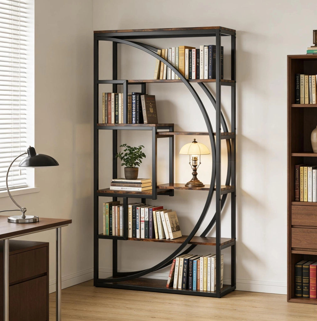Libreria geometrica a 6 livelli in metallo nero e legno marrone rustico