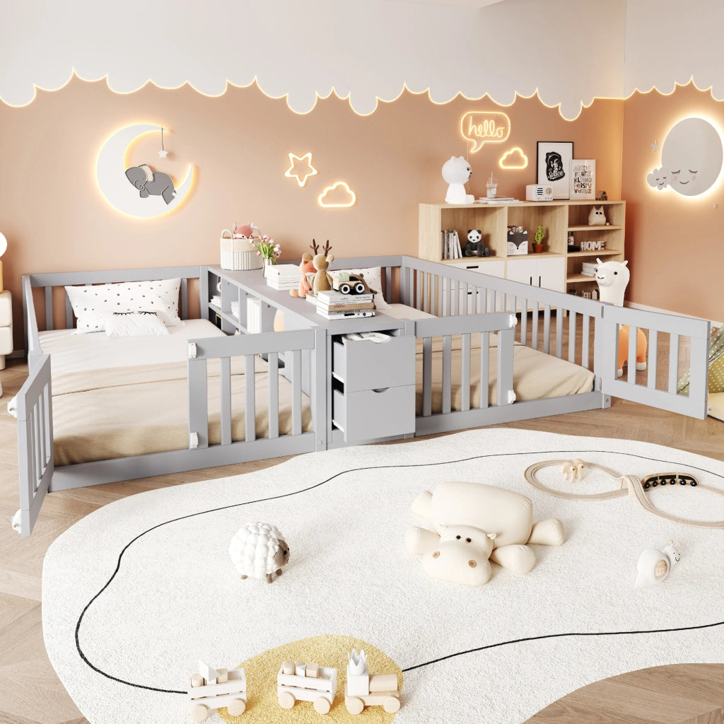 Letto doppio per bambini 90x200 cm con scaffale e 2 cassetti; in legno grigio
