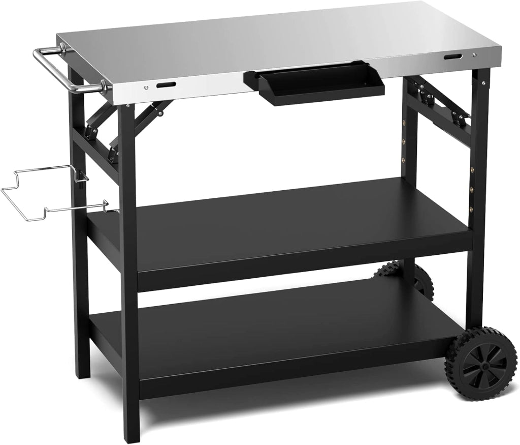 Carrello Barbecue da Esterno, Stand per Forno a Pizza con Piano in Acciaio Inox Vassoio e Portabottiglie, con Maniglia e Ruote per Cucina Giardino, Carico 150kg, 105x54x85 cm