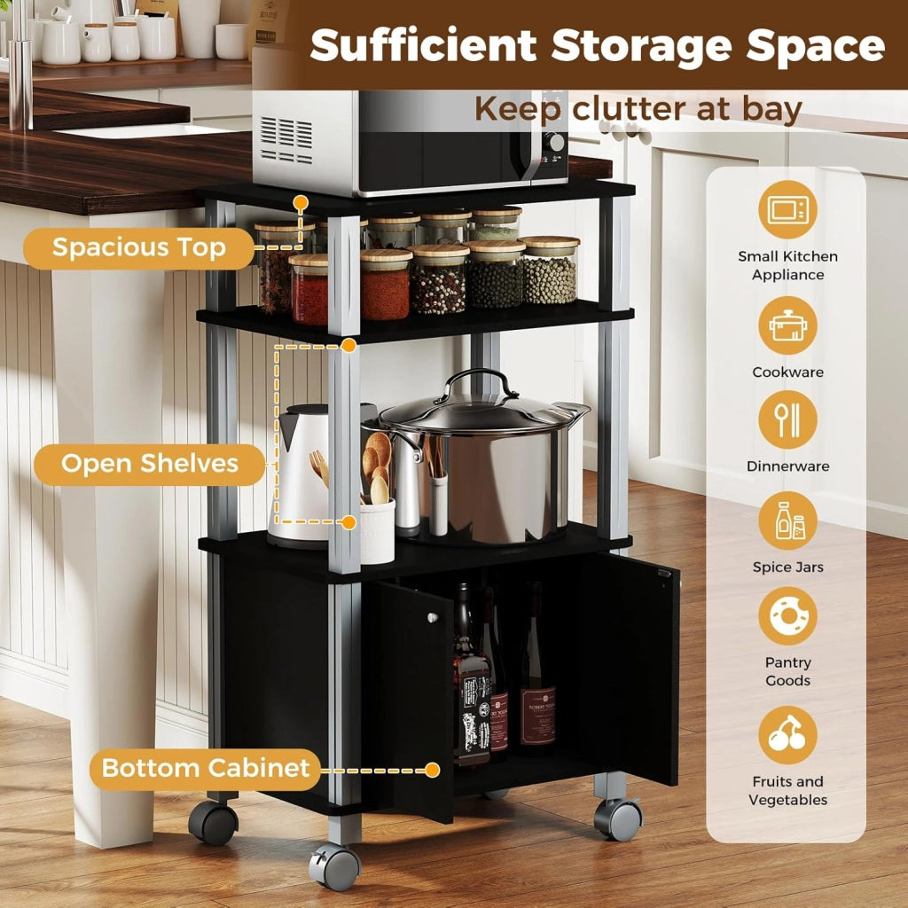 Carrello da Cucina a 3 Livelli per Microonde, Carrello Portaoggetti con Ruote e Armadio con Porta, Carrello di Servizio in Legno, Organizer per Sala da Pranzo, 60 x 40 x 98 cm (Nero)