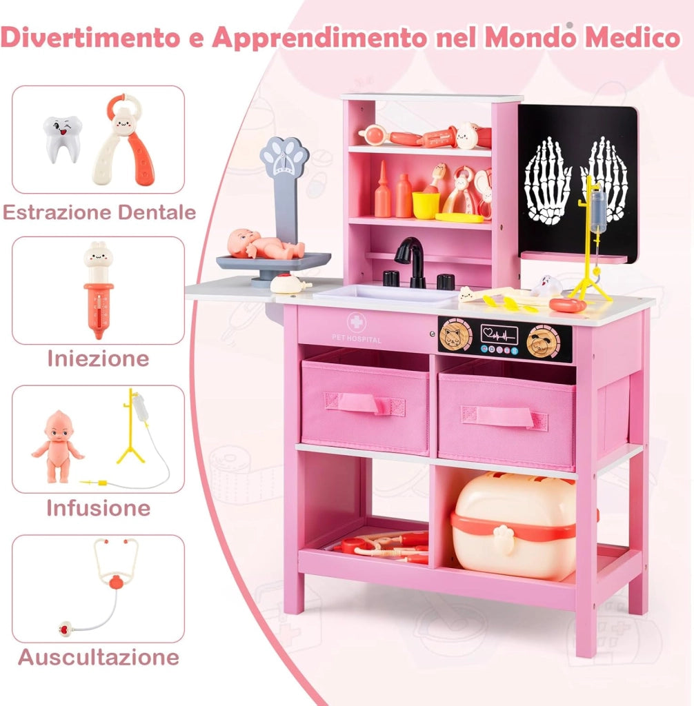 Kit Medico Giocattolo in Legno, Centro Veterinario Pieghevole con Bilancia Animali e 22 Accessori, Gioco Educativo Simulazione Dottore, Regalo per Bambini 3-6 Anni (Rosa)