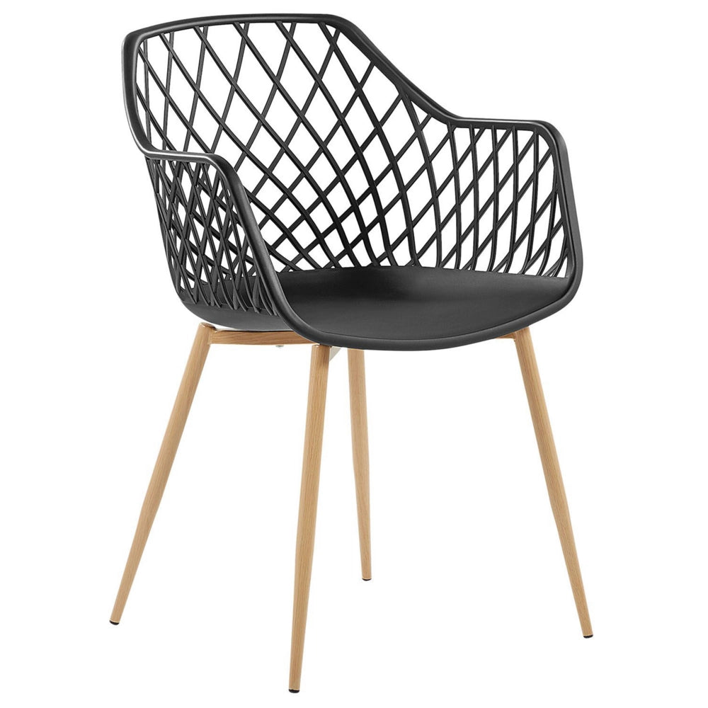 Set di 2 sedie da pranzo Seduta sintetica nera Gambe in metallo in legno chiaro Schienale aperto in rete Soggiorno moderno Stile scandinavo