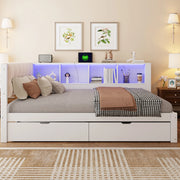 Daybed 140x200 cm con cassetti; ripiano integrato; USB e LED; in legno di pino e MDF; bianco