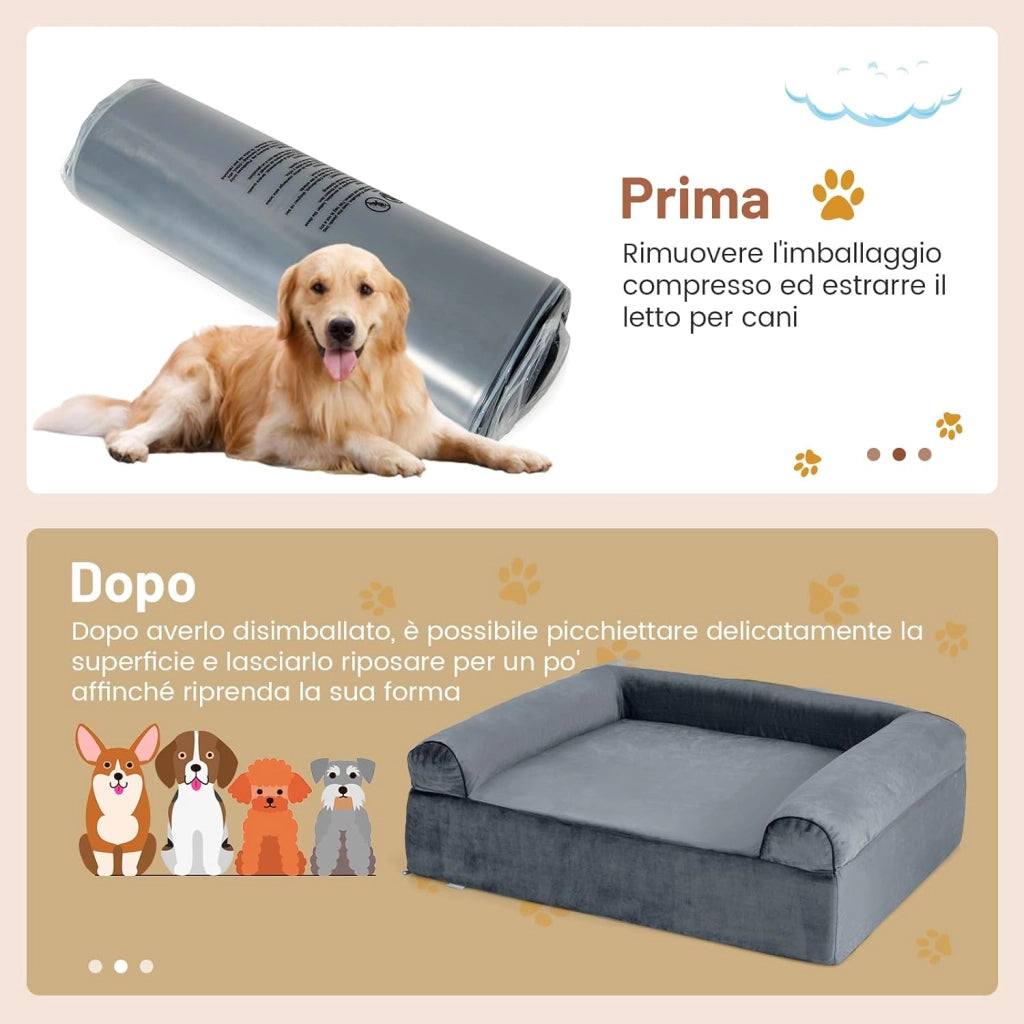 Letto Ortopedico per Cani, Cuccia per Animali in Schiuma di Memoria con Poggiatesta, Copertura Rimovibile e Fondo Antiscivolo per Cani Anziani, 102 x 82 x 30,5 cm