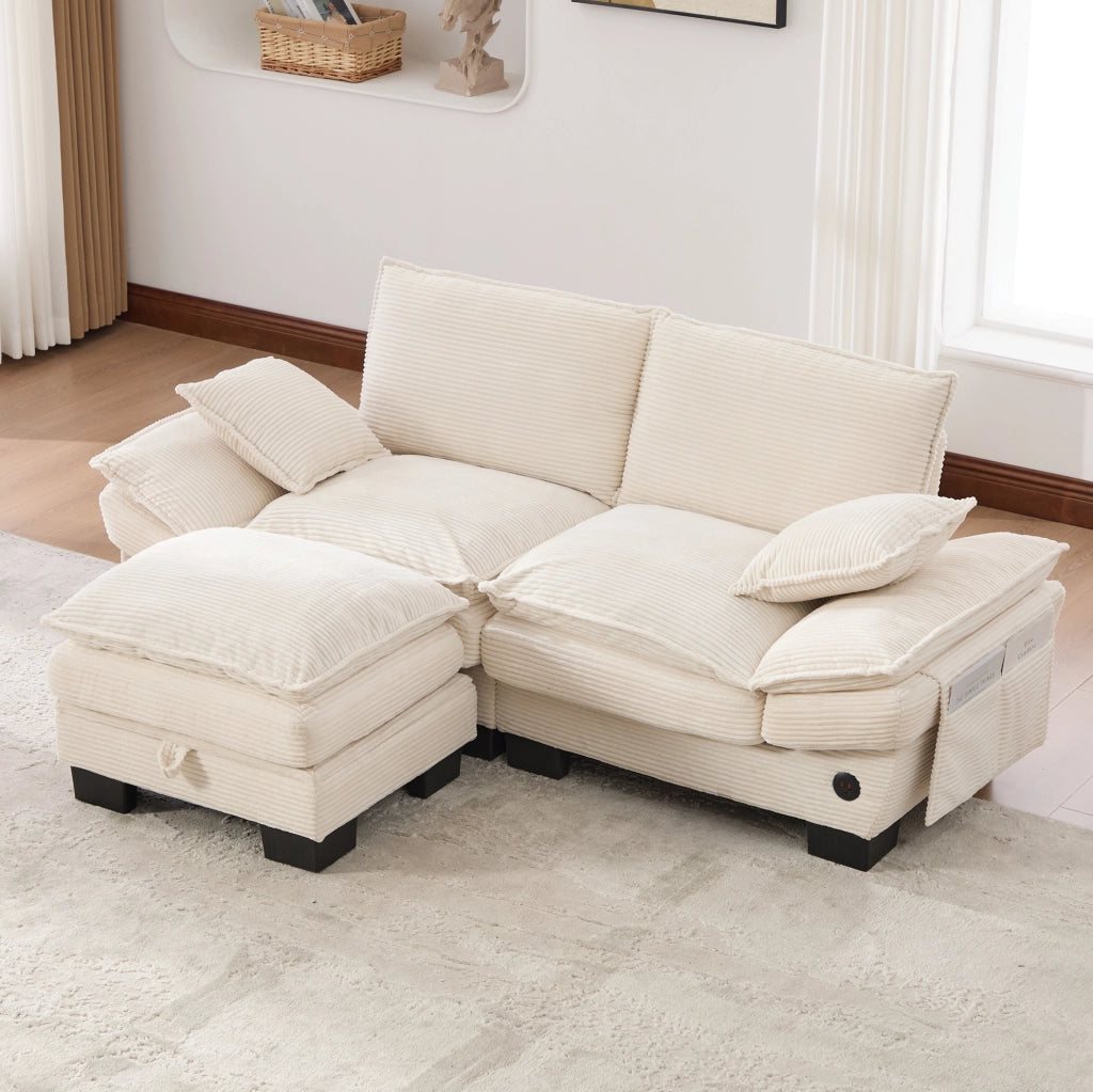 Divano 2 posti con pouf contenitore in corduroy beige; 190x132x84 cm