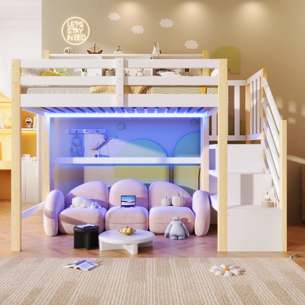 Letto alto 90x200 cm con illuminazione a LED e scaletta contenitore in pino bianco