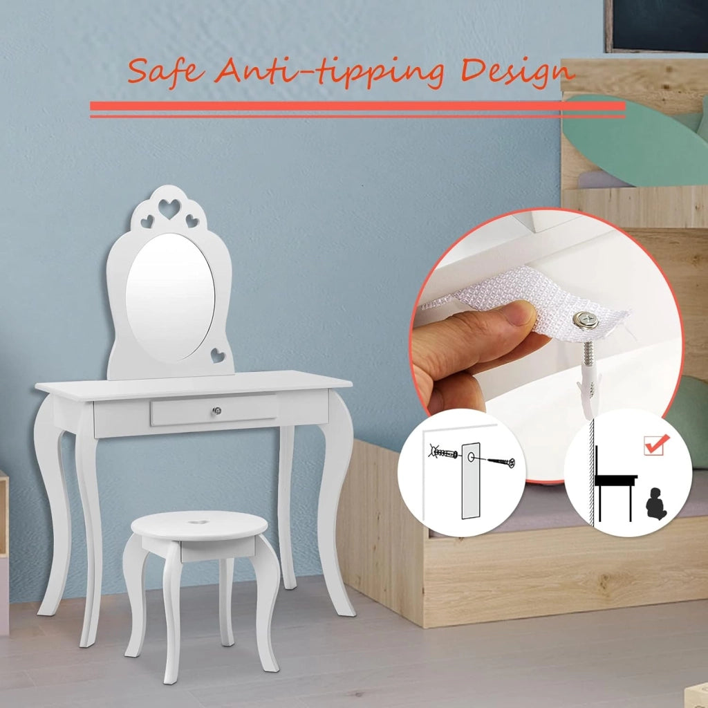 Specchiera Toeletta per Bambini, Set di Tavolo e Sgabello Giocattolo da Trucco in Legno con Cassetto e Specchio Rimovibile, Moderno e Multiuso, 70x34x105cm Bianca