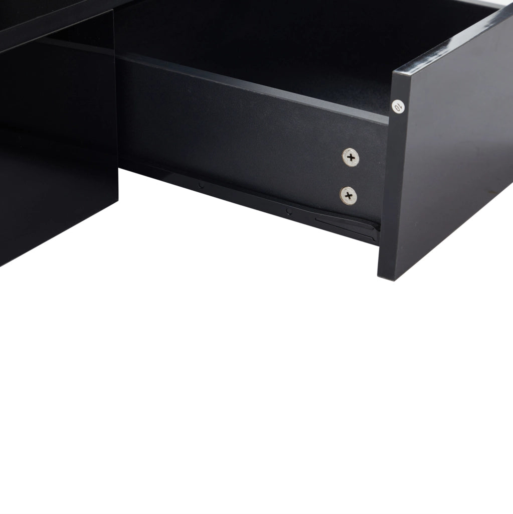 Tavolino da salotto LED nero con ripiano e cassetto