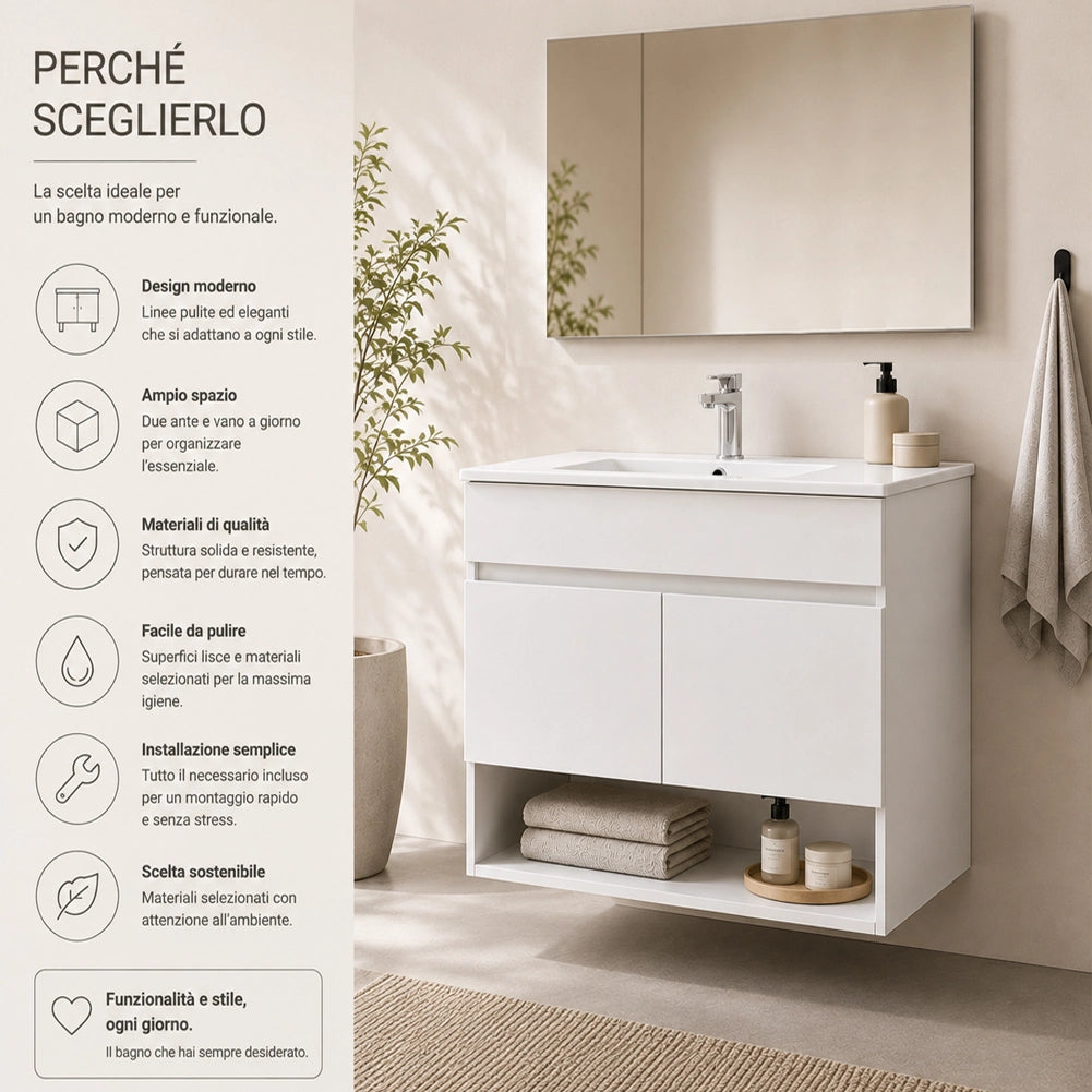 Set Completo Mobile da Bagno Sospeso 85.5cm Due Ante Bianco Specchio e Accessori