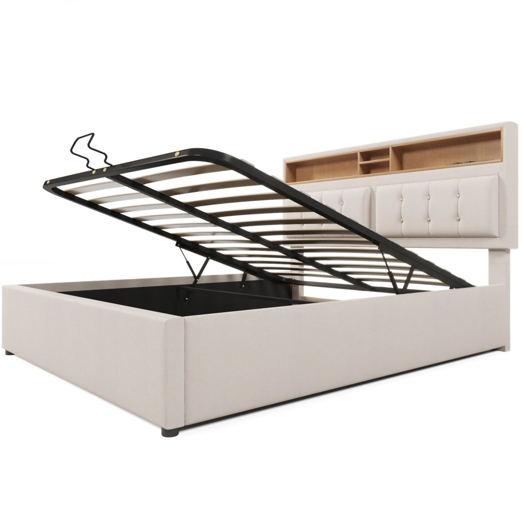 Letto matrimoniale imbottito 140x200 cm con testiera regolabile; USB e contenitore; beige